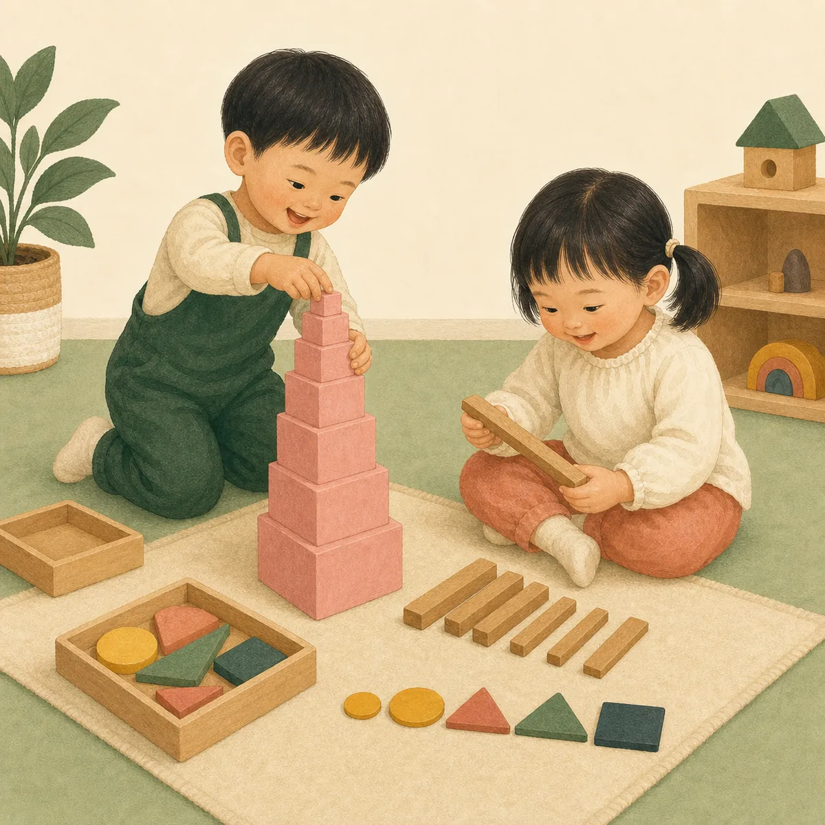 中班孩子合作操作啟蒙教具與幾何教具