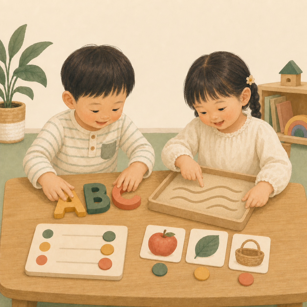 大班孩子操作圖像配對卡與啟蒙教具