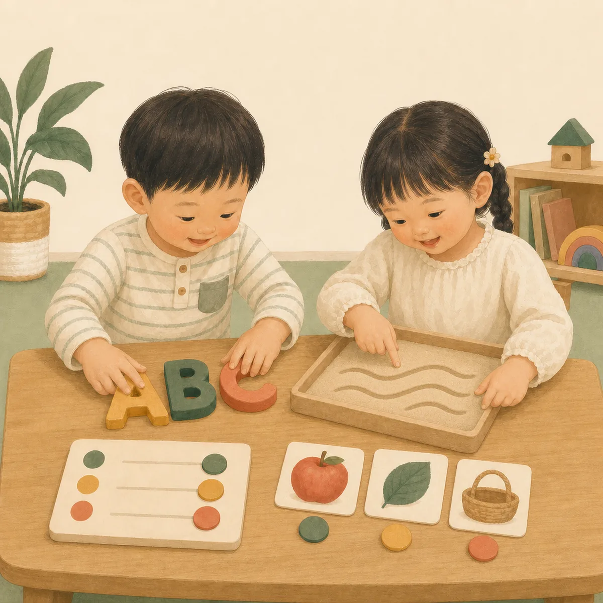 大班孩子操作圖像配對卡與啟蒙教具