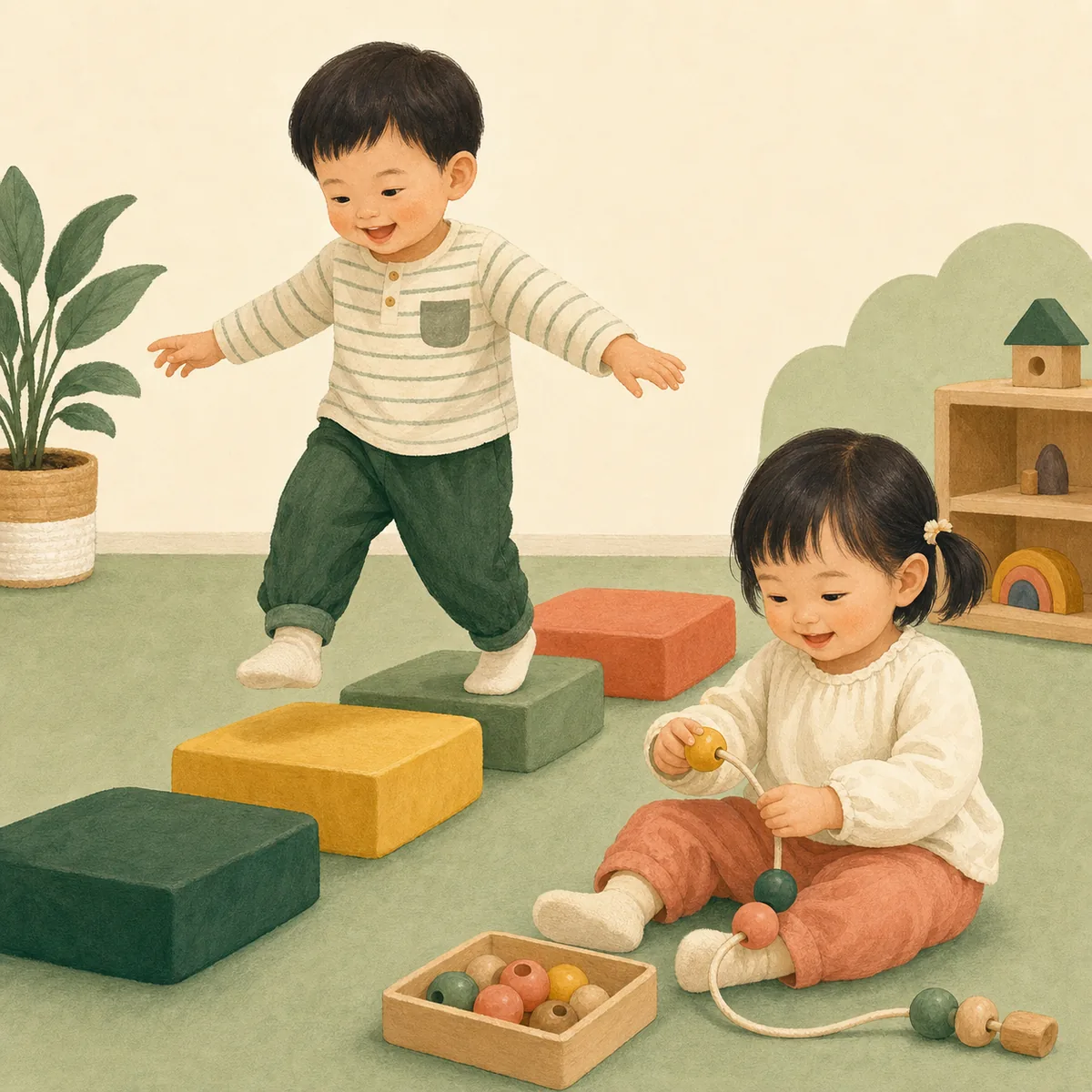 幼幼班孩子走低階軟墊並串大木珠,進行大肌肉與小肌肉活動